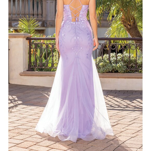 New Floral Lace Embellished Maxi Formal Dress w/ V-Neck & Lace Up Back DQ 4308 - Picture 6 of 9